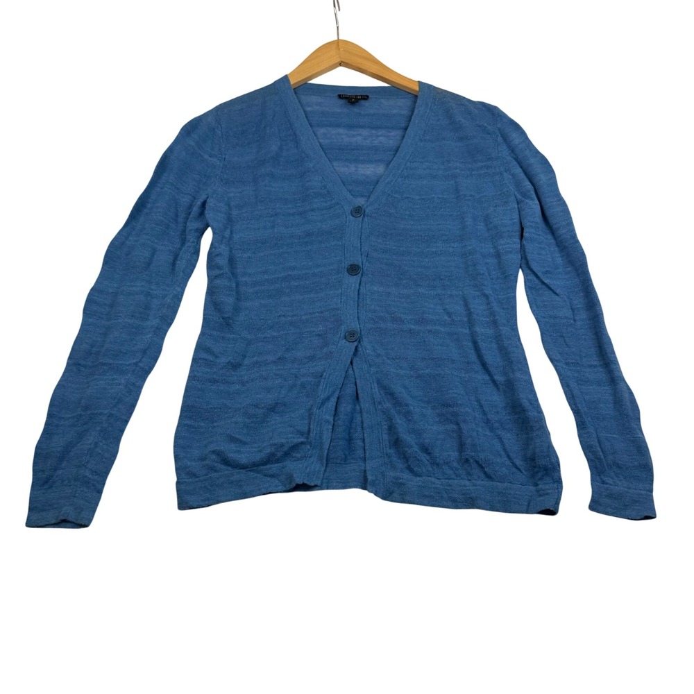 Lafayette 148 New York Blue Linen Cotton V-Neck Button Cardigan Sweater 0
